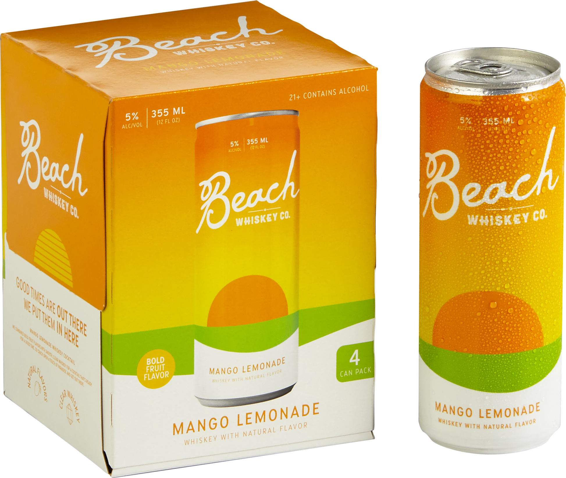 The Beach Whiskey Watermelon Peach 4-Pack box next to a can of Mango Lemonade to the right.