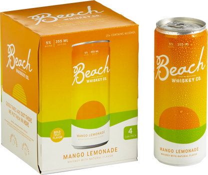 The Beach Whiskey Watermelon Peach 4-Pack box next to a can of Mango Lemonade to the right.