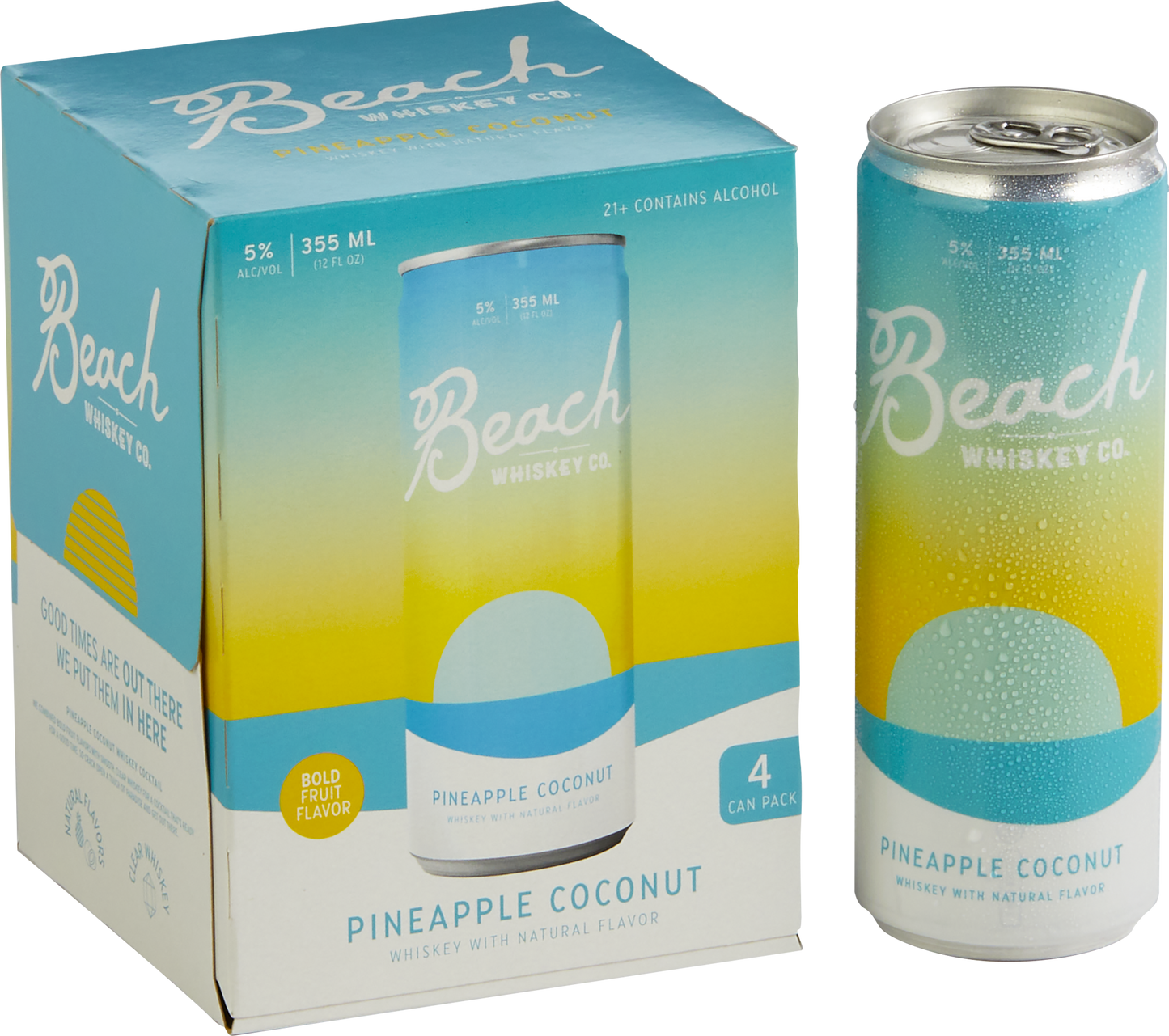 The Beach Whiskey Pineapple Coconut 4-Pack box next to a can of Pineapple Coconut to the right.