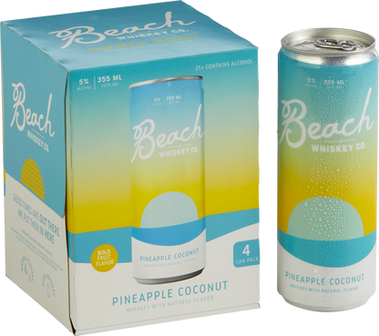 The Beach Whiskey Pineapple Coconut 4-Pack box next to a can of Pineapple Coconut to the right.