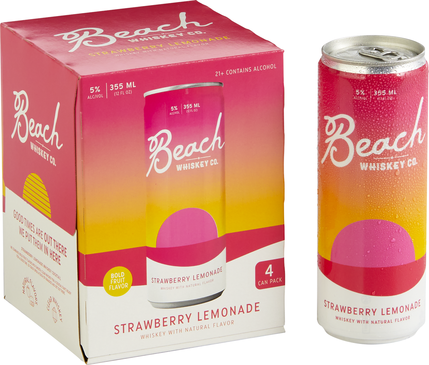 The Beach Whiskey Strawberry Lemonade 4-Pack box next to a can of Strawberry Lemonade to the right.