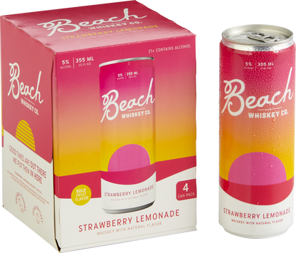 The Beach Whiskey Strawberry Lemonade 4-Pack box next to a can of Strawberry Lemonade to the right.