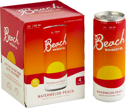 The Beach Whiskey Watermelon Peach 4-Pack box next to a can of Watermelon Peach to the right.